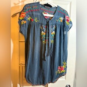 Johnny Was Blue Floral Embroidered Blouse